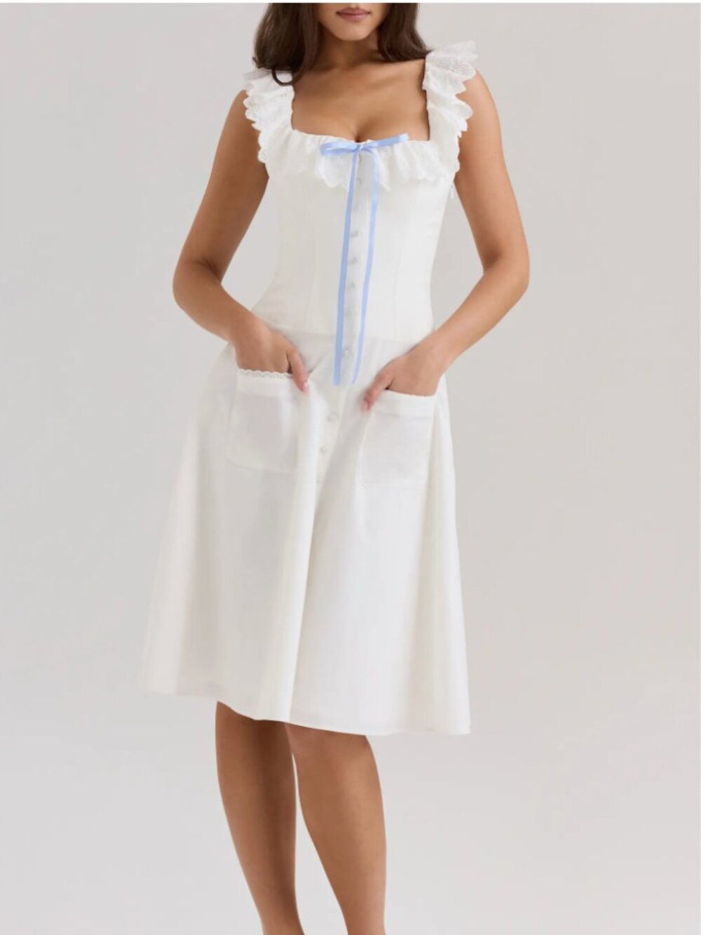 House of CB Mathilde White Cotton Broderie Anglaise Trim Midi Dress - Size M NWT